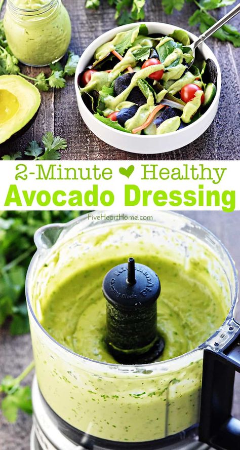 Dairy-Free Creamy Avocado Dressing ~ a silky, decadent yet healthy, non-dairy dressing -- flavored with cilantro and garlic -- that's great on salads, as a dip, and so much more! | FiveHeartHome.com #avocadodressing Daniel Fast Salad Dressing Recipes, Healthy Avocado Dressing, Avocado Dressing Recipe, Dairy Free Dressing, Paleo Salad, Creamy Avocado Dressing, Avocado Salad Dressing, Healthy Dressing, Resep Salad