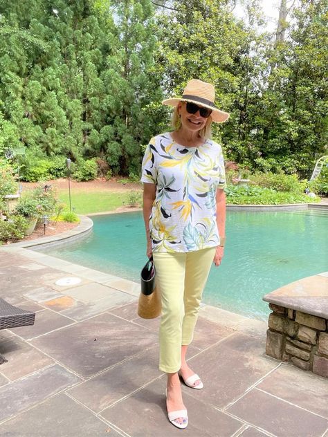 Lemon Cropped Denim and Lemon Drop Martinis | Hello I'm 50ish Lemon Drop Martini Recipe, Tropical Print Top, Lemon Drop Martini, Cropped Denim Pants, Martini Recipe, Midlife Women, 50 And Fabulous, Best Swimsuits, Over 50 Womens Fashion