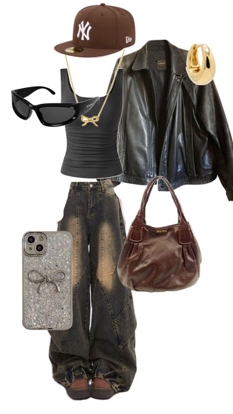 baggy dark jeans , brown bag , cute bow phone case , black tank , black leather jacket , brown New York hat , black sunglasses and gold earring n necklace Dark Jeans Outfit, Brown Leather Jacket Outfit, N Necklace, New York Hat, Bow Phone Case, Dark Brown Leather Jacket, Off Duty Model, Baggy Jeans Outfit, Leather Jacket Brown