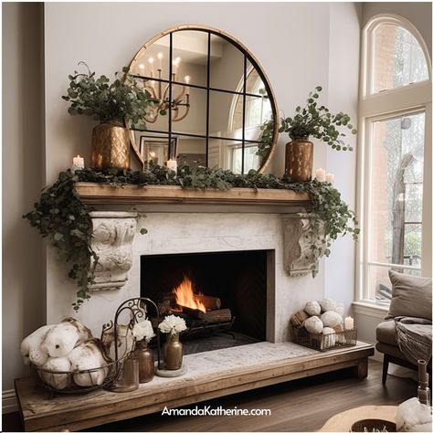 30+ Spring Mantel Decor Ideas To Herald Warmth In Your Home - Amanda Katherine Mantel Decorating Ideas Tall Ceiling, Above The Mantel Ideas, Seasonal Mantle Decor Ideas, Styling Fireplace Hearth, Bottom Of Fireplace Decor Ideas, Mirrors On Fireplace Mantel, Above The Mantle Decor, Hearth Decor Ideas, Fireplace Artwork Ideas