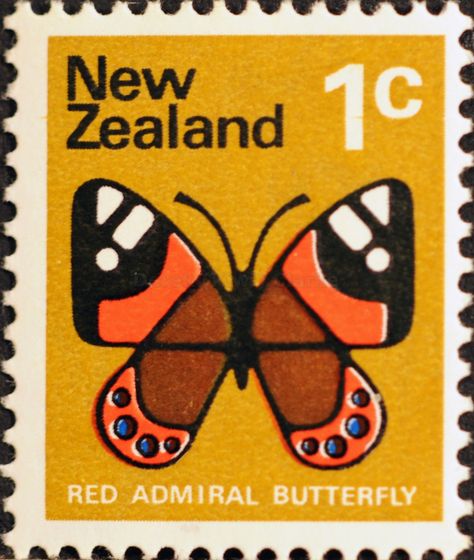 New Zealand (238) 1970  Definitives - Red Admiral Butterfly New Zealand Graphic Design, Red Admiral Butterfly Tattoo, Stamp Collection Ideas, Red Admiral Butterfly, Stamp Collage, Admiral Butterfly, Postage Stamp Design, Queen Poster, Nz Art