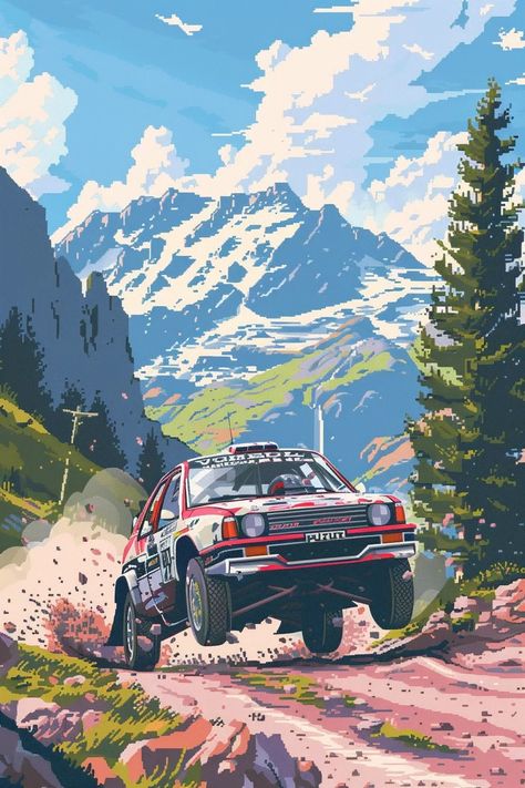 Rally Car Jumping Art Car Pixel Art, Rally Wallpaper, 2d Pixel Art, Car Jumping, Rally Car Design, Adventure Car, Android Wallpaper Art, Pixel Art Background, Jdm Wallpaper