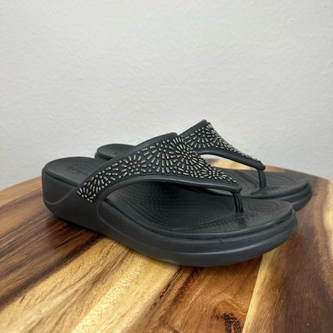 Crocs Monterey Diamante Sandals Womens Sz 8 Thong Wedge Flip Flops Black Rubber Wedge Flip Flops, Crocs Shoes, Black Rubber, Monterey, Flip Flops, Womens Sandals, Wedges, Sandals, Fashion Tips