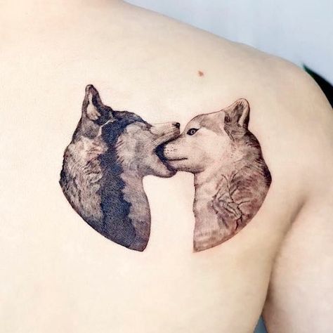 Cute and funny wolves tattoo by @tattooist_reve Twin Wolf Tattoo, Raised By Wolves Tattoo, Wolf And Bird Tattoo, Wolf Love Tattoo, Wolf Heart Tattoo, Wolf Mates Tattoo, Wolf In Woods Tattoo, Wolf Tattoo For Couples, Wolf Tattoo Couple