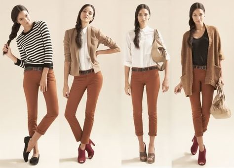 Ideas for styling my rust jeans, might try with cream silk shirt, blazer, chocolate ankle boots and leopard print belt. Orange Pants Outfit, Colored Pants Outfits, Orange Pants, Outfit Mujer, Brown Pants, Colored Pants, Daily Style, Business Casual Outfits, Inspiration Mode