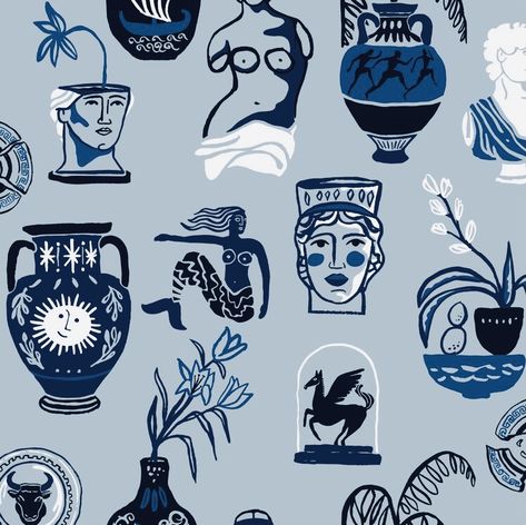 Greek Mythology Prints, Greek Illustration Mythology, Greek Prints Pattern, Greek Mythology Pattern, Mythological Drawings, Greek Mythology Illustration, Greek Graphic Design, Greek Prints, Mythology Pattern