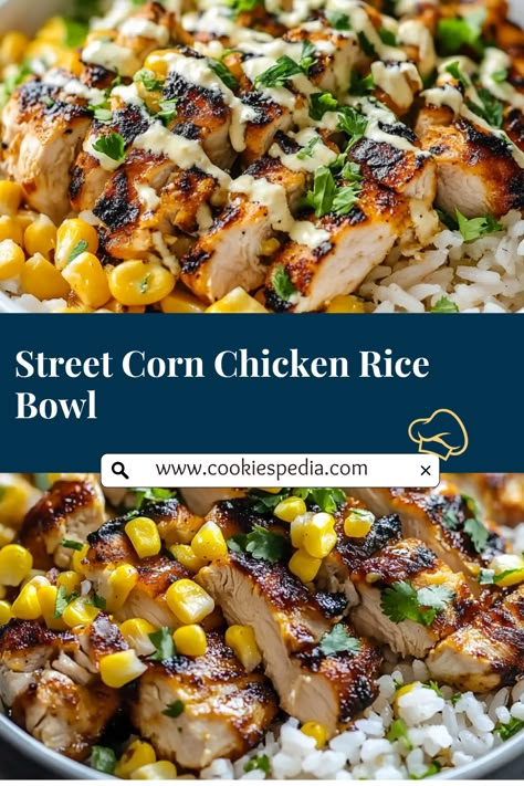 Looking for an easy recipe that’s perfect for parties? This Street Corn Chicken Rice Bowl combines juicy grilled chicken, creamy Mexican street corn salad, and customizable toppings for a crowd-pleasing dish. Vibrant, flavorful, and meal-prep friendly—your guests will love it! 🌮✨ #EasyRecipe #PartyFood #MexicanInspired #RiceBowl Chicken Street Corn Rice Bowl, Chicken Rice Beans Recipe, Grilled Chicken Rice Bowl, Street Corn Chicken Bowl, Chicken And Rice Bowl Recipes, Street Corn Chicken Rice Bowl, Creamy Mexican Street Corn, Easy Street Corn, Southwest Rice