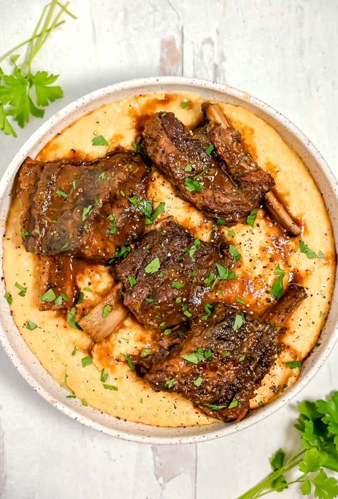 Beef Short Ribs And Polenta, Braised Short Ribs With Polenta, Pork Crockpot, Braised Beef Short Ribs, Vegetable Gravy, Short Ribs Slow Cooker, Baked Polenta, How To Cook Polenta, Beef Dinners