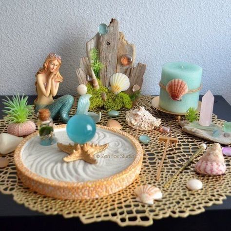 Garden Altar, Marimo Terrarium, Sacred Space Altar, Garden Goddess, Metallic Gold Paint, Art Coquillage, Witches Altar, Crystal Display, Driftwood Sculpture