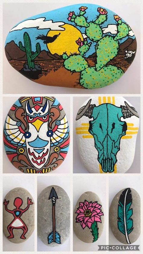 Western rocks Country Rock Painting Ideas, Western Painted Rocks, Western Rock Painting Ideas, Cactus Rocks, Native Drawings, Penny Art, Rock Cactus, Wood Paintings, Painted Garden Rocks