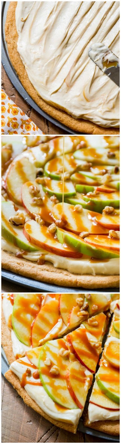 You won't believe how AMAZING this dessert pizza is! Caramel, cream cheese frosting, snickerdoodle cookie crust, and crunchy apples! Apple Dessert Pizza, Caramel Cream Cheese Frosting, Fruit Pizzas, Fruit Pizza Crust, Apple Pizza, Cookie Skillet, Pizza Dessert, Sugar Cookie Crust, Snickerdoodle Cookie