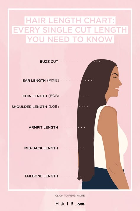 The next time you go to the salon, you can tell them EXACTLY what you want with this hair length chart in mind! Lengths Of Hair Chart, Length Of Hair Chart, Types Of Hair Lengths, Tailbone Hair Length, Tailbone Length Hair Styles, Length Of Hair, Long Hair Length Chart, Mid Back Hair, Different Lengths Of Hair Chart