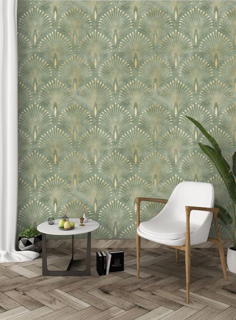 Green And Gold Peel And Stick Wallpaper, Living Area Wallpaper, Green Wallpaper Living Room, Wall Papering Ideas Living Room, Green Art Deco Wallpaper, Green And Gold Wallpaper, Bathroom Wall Coverings, 1920s Wallpaper, Luxury Wall Decor