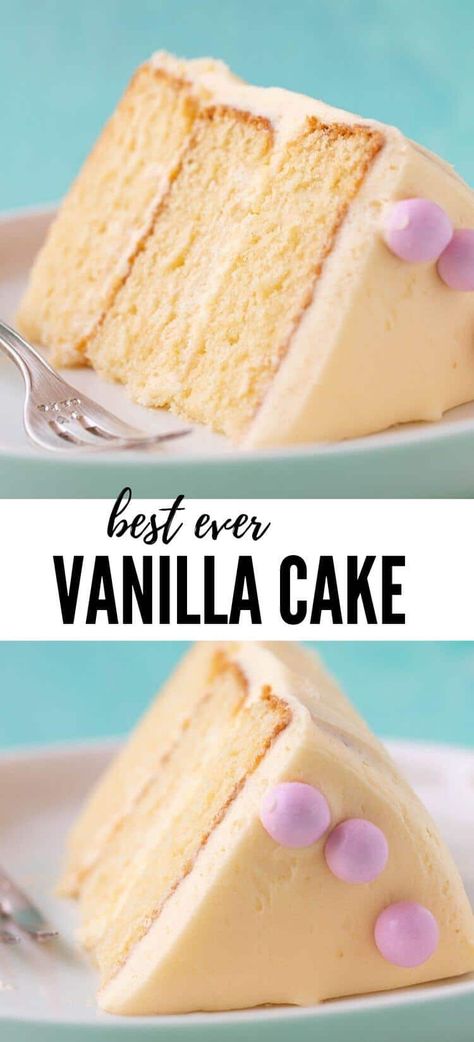 You'll love this soft and tender Vanilla Cake made from scratch. This buttery vanilla layer cake is covered in a simple, creamy vanilla buttercream, making it perfect for parties, birthdays or celebrations. Recipe from sweetestmenu.com #cake #vanilla #buttercream #birthday Vanilla Layer Cake, Perfect Vanilla Cake, Chocolate Olive Oil Cake, Easy Vanilla Cake, Vanilla Cake Recipe, Flourless Chocolate Cakes, Best Cake Recipes, Birthday Cake Recipe, Homemade Vanilla