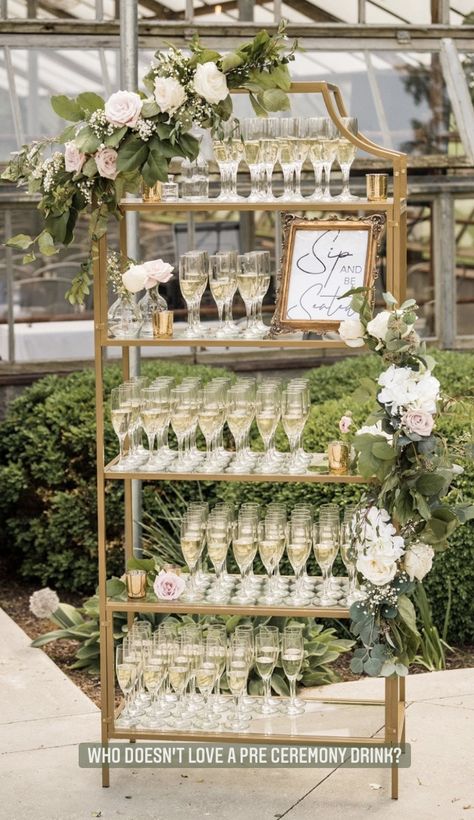 Wedding Champagne Shelf, Champagne Wedding Entrance, Ceremony Champagne Table, Champagne Shelf Display Wedding, Pre Ceremony Champagne, Champagne Before Wedding Ceremony, Champagne At Wedding Ceremony, Champagne Stand Wedding, Hawaii Wedding Ideas Decor