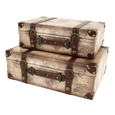 Aspire Home Accents Windsor Suitcase Trunks - Set of 2 | from hayneedle.com Decorative Trunks, Suitcase Sizes, Small Suitcase, Old Chest, Leather Suitcase, Storage Trunks, Small Item Storage, Steamer Trunk, Old World Maps