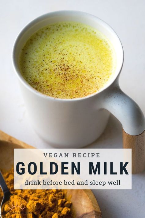 Give yourself a health boost by drinking golden milk. You can also make this golden milk and drink it before bed to sleep well! This vegan recipe for turmeric latte has so many benefits. Learn how to make vegan golden milk on www.theworktop.com. || #goldenmilk #turmericlatte #turmeric #veganrecipe #coconutmilk Vegan Golden Milk, Recipe With Coconut Milk, Golden Milk Recipe, Turmeric Milk, Coconut Milk Recipes, Drinks Before Bed, Turmeric Latte, Coconut Health Benefits, Golden Milk