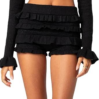 Luckinbaby Women Ruffle Knitted Shorts Layered Bottoms Pleated Tiered Bodycon Bloomer Shorts Slim Fit Summer Streetwear Black Ruffle Shorts Outfit, Ruffle Shorts Outfit, Ruffled Shorts, Knitted Shorts, Bloomer Shorts, Fall Outfits Y2k, Bloomers Shorts, Fit Summer, Summer Streetwear