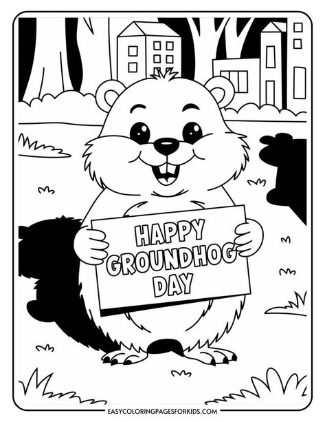 A cheerful groundhog holding a sign that says "Happy Groundhog Day," surrounded by trees and houses in a playful black and white coloring page for kids. Toddler Groundhog Day Activities, Ground Hog Activities For Kids, Groundhog Preschool Activities, Ground Hog Day Activities Kindergarten, Groundhogs Day Crafts For Toddlers, Free Groundhog Day Printables, Groundhogs Day Preschool, Groundhogs Day Crafts, Groundhog Art