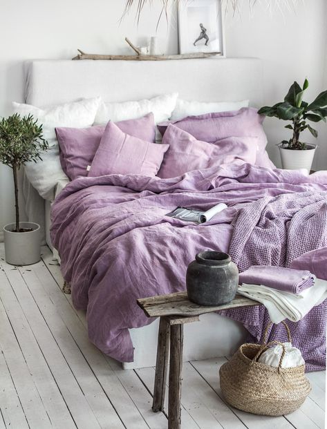 Add a charm of provance to your bedroom with this natural linen bedding set in lavender. Made from natural linen fabric, it is especially soft for the skin, highly absorbent and fully breathable, ensuring highest comfort while you sleep. The natural linen's thermoregulation qualities will make sure you rest in balanced temperature, no matter it's hot or cold in the room. It's fully breathable, anti-allergic, ultra-durable and 100% natural. Handcrafted with care in Lithuania from premium local li Lavender Bed Sheets Aesthetic, Lavender Comforter Sets Bedroom Ideas, Purple Scandinavian Bedroom, Soft Lavender Bedroom, Purple Bed Sheets Aesthetic, Lavender Bedding Aesthetic, Lavender Bedsheets, Sage Green And Lavender Bedroom, Purple Bedding Aesthetic