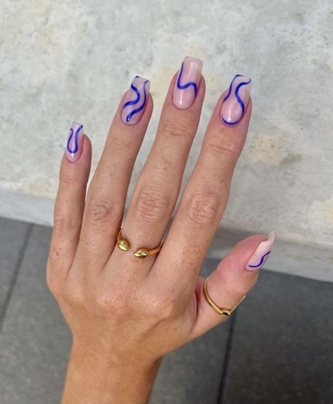 Pastel Line Nails, Blue Nails Jelly, Asymmetrical Nails, Nails Summer Blue, Simple Nails Gel, Funky Summer Nails, Summer Blue Nails, Short Nails Square, Nails Simple Summer