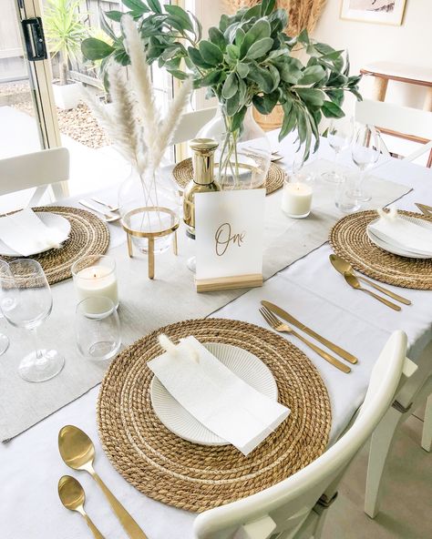 Beige And Gold Table Setting, White And Beige Table Setting, White And Gold Boho Table Setting, Gold And White Dinnerware Table Setting, Gold Beaded Charger Plates Table Settings, Dining Room Essentials, Dining Room Table Settings, Dinner Party Table Settings, White Table Settings