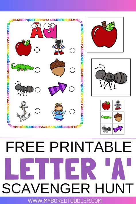 Get your FREE Printable Letter A Scavenger Hunt - a fun play based way to learn about the alphabet - great for toddlers! Alphabet Activities Kindergarten, Alphabet For Toddlers, Learn Through Play, Easy Toddler Activities, Alphabet Kindergarten, Letter Games, Fun Activities For Toddlers, Abc Activities, Alphabet Worksheets Preschool