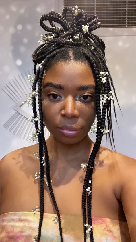 Braids hairstyles, fairy core, y2k, knotless braids Ethereal Hairstyles Black Women, Braids With Flowers Black Women, Fairy Braids Hairstyles Black, Black Fairy Hair, Fairy Hairstyles Black Women, Y2k Knotless Braids, Fairy Braids Hairstyles, Flowers In Braids, Whimsical Braids