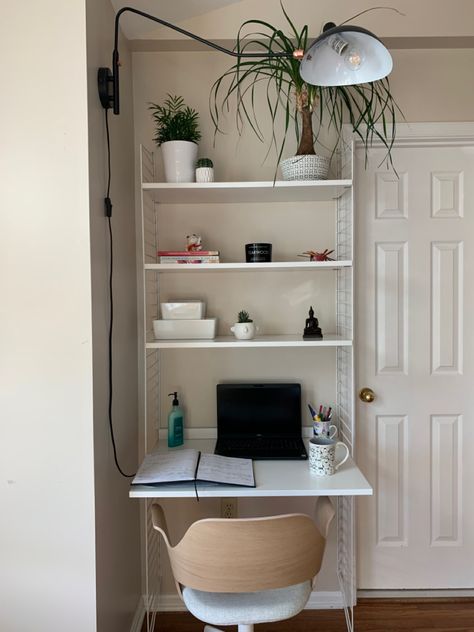 Desk With Storage Above, Desk In Hallway, Apartment Desk, Small Corner Desk, Boho Style Interior, Home Office Closet, Studio Apt, Work Office Decor, Desk In Living Room