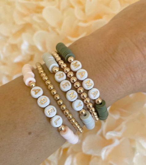 Beaded Name Bracelet, Heishi Bracelets, Heart Bracelets, Heishi Bracelet, Mama Bracelet, Homemade Bracelets, Mom Bracelet, Colored Clay, Stacking Bracelets