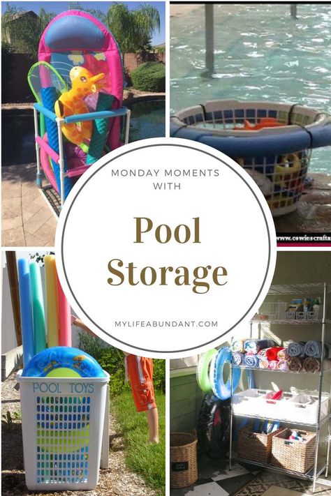 Get all your pool items stored away and keep your pool safe all year long. Several easy ideas to put together. Pool Float Organizer, Diy Pool Float Storage, Pool Float Storage Ideas, Pool Storage Ideas, Diy Pool Toys, Pool Toy Organization, Pool Towel Storage, Pool Items, Float Storage