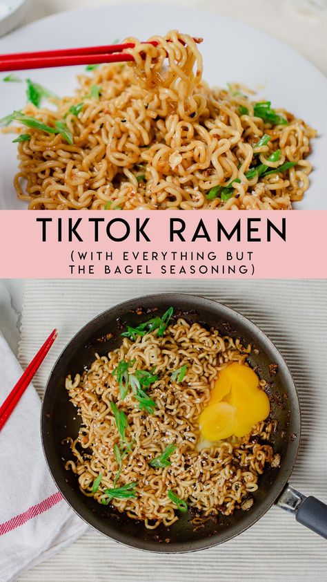 Wide Ramen Noodle Recipes, Lunch Ramen, Brothless Ramen Recipe, Packaged Ramen Recipes, Egg And Ramen Noodles, Everything Bagel Ramen, Chili Ramen Noodle Recipes, Elevated Ramen Noodles, Recipes Using Everything Bagel Seasoning