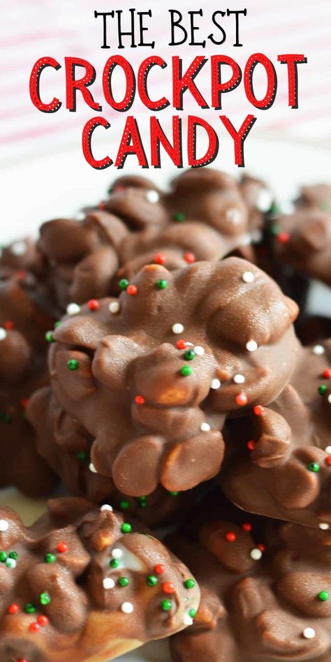 Crockpot candy is a classic homemade Christmas candy made in the slow cooker with peanuts, semi-sweet chocolate chips, and almond bark. #christmascandy #crockpotdesserts #crockpotcandy Christmas Crockpot Candy, Crockpot Christmas Candy, Homemade Christmas Candy, Crockpot Candy Recipes, Crockpot Christmas, Christmas Candy Easy, Christmas Candy Homemade, Easy Christmas Candy Recipes, Crockpot Candy