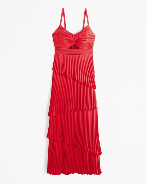 Chic Red Pleated Maxi Dress, Casual Red Tiered Maxi Dress, Red Tiered Maxi Dress With Ruffles, Abercrombie Pleated Dress, Pleated Tiered Dress, Abercrombie And Fitch Dress, Asymmetrical Tiered Skirt, Flattering Maxi Dress, Tiered Maxi Dress