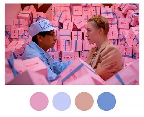 The confectioner’s pink–and-blue palette of Mendel’s in The Grand Budapest Hotel is one of our favorite couplings. Grounding pastels with quiet, natural tones and sharp,... Cinema Palettes, Wes Anderson Color Palette, Movie Palette, Kino Box, Wes Anderson Aesthetic, Color In Film, Wes Anderson Style, Movie Color Palette, Film Cult