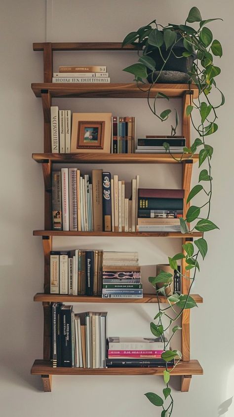 Cozy and organized wooden bookshelf decor with books and decorations, adding style to the room. Bookshelf Decor Ideas, Green Bookshelves, Bookshelf Inspiration, Wooden Bookshelf, Corner Plant, Corner Bookshelves, Bookshelf Styling, Book Corners, Bookshelf Decor