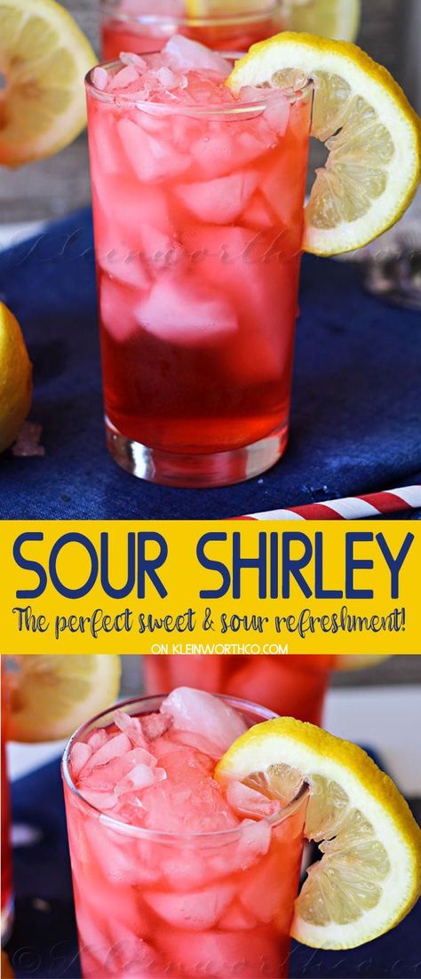 This Sour Shirley Summer Drink Recipe is a twist on the iconic childhood drink. Made with added lemonade & optional rum - this can be enjoyed by all ages. Drinks With Sour Mix Cocktail Recipes, Sour Mixed Drinks, Boujee Drinks, Alcoholic Lemonade Drinks, Sweet Mixed Drinks, Summer Drink Recipe, Sour Drink, Work Food, Bottle Drink