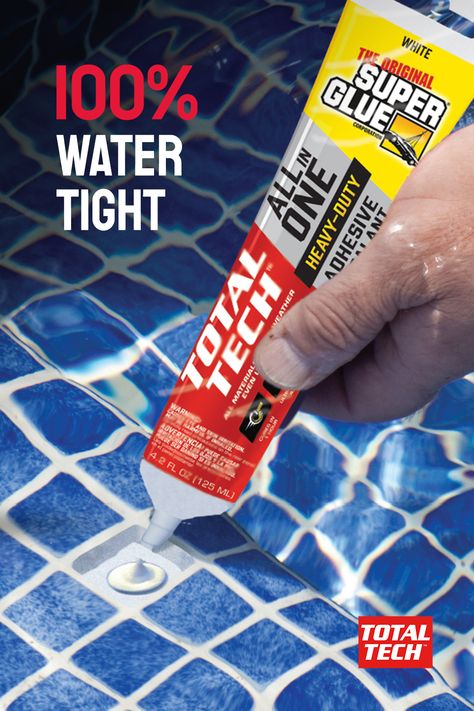 Spot a broken tile in your pool? Total Tech bonds with high strength and great flexibility under water and is resistant to chlorine when immersed, making it the perfect tool for your pool. #pools #diyfix #diypool #totaltech #diybathroom Pool Repair, Backyard Garden Diy, Pool Stuff, Pool Kits, Intex Pool, Swimming Pool Tiles, Diy Pool, Construction Adhesive, Pool Maintenance