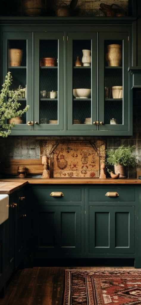 Outlander House Interior, Outlander Inspired Kitchen, Outlander Interior Design, Outlander Home Aesthetic, Outlander Aesthetic Home, Outlander Kitchen, Dark Academia Kitchen, Dark Green Kitchen, Kitchen Theme