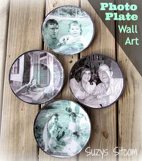 This is a perfect way to show off old family photos . Use a mix of old and new to tell a story. Also, works well with wedding photo. Diy Mod Podge, Clear Plates, Plate Wall Art, Foto Transfer, Cool Wall Decor, Paper Wreath, Plate Wall, Plate Art, Personalized Wall Art