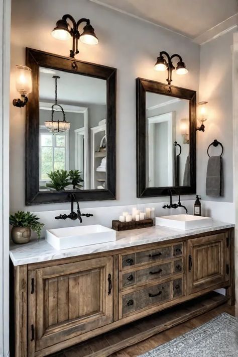 Modern Rustic House Design Interiors, Rustic Bathroom Shelf Ideas, Cozy Rustic Bathroom Ideas, Romantic Farmhouse Bathroom, Cabin Chic Bathroom, Contemporary Rustic Bathroom, Luxury Spa Bathroom Ideas, Rustic Half Bathroom, Rustic Master Bath Ideas