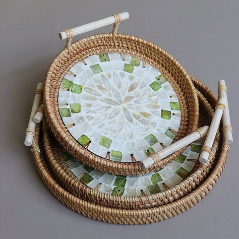 Rattan Decoration, Mosaic Tray, Organizer For Kitchen, Rattan Tray, Fruit Serving, Wicker Tray, Desk Tray, Sea Colour, Coffee Table Tray