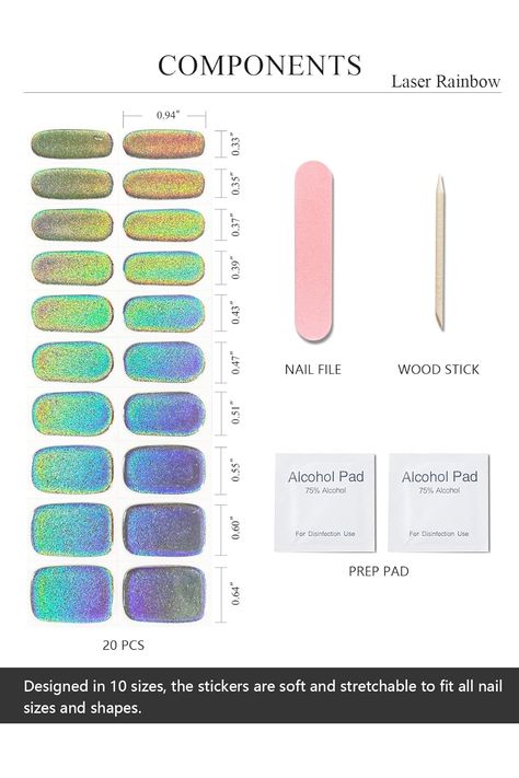 Semi Cured Gel Nail Strips (Laser Rainbow)-20 PCS Gel Nail Stickers  Gel Nail Wraps  UV Light Required, Salon Quality &amp; Easy To Use Semi Cured Gel Nail Strips, Gel Nail Stickers, Gel Nail Strips, Wood Sticks, Nail Sizes, Uv Light, Nail Wraps, Nail File, Nail Stickers