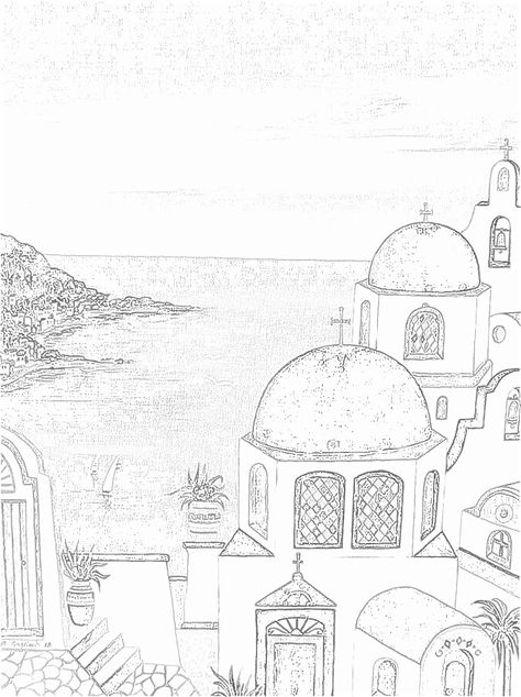 Greece Sketch Drawings, Greece Drawing Pencil, Greece Drawing Simple, Drawing Of Greece, Greece Doodles, Santorini Drawing, Greece Sketch, Greece Drawing, Greece Painting