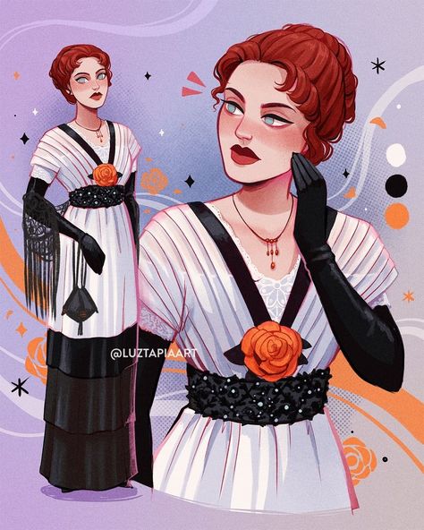 Luz Tapia Art on Instagram: “Rose and the Elevator Dress 🤍🖤🧡 This is the "blink and you'll miss it" dress as it's on screen for only 5 SECONDS (yes, I counted 💀) 🌈…” Rose From Titanic, Luz Tapia Art, Titanic Drawing, Titanic Costume, Rose Dewitt Bukater, Titanic Art, Titanic Dress, Titanic Movie, Image Film