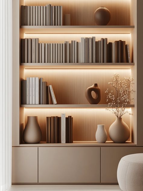 🛋️✨ 15 Stunning Bookshelf Ideas You’ll Fall in Love With! ���💖 - Bookshelf Modern Design, Books Shelf Design, Built In Bookshelf Vaulted Ceiling, Playroom Bookshelf Ideas, Book Shelves Next To Fireplace, Built In Shelves Library, Backlit Bookshelves, Library Room Ideas Modern, Built In Shelving Living Room