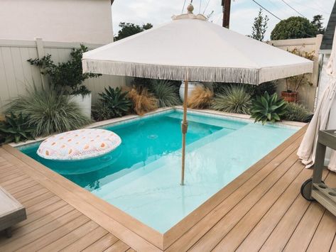 Plunge Pool Costs: Popular Options and Estimates | Yardzen Outdoor Pool Small Yard, In Ground Plunge Pool, Plunge Pool In Deck, Plunge Pool Off Deck, Small Backyard Pool And Bbq Area, Plunge Pool Sizes, Pretty Above Ground Pool Ideas, Plunge Pool Deck, Mod Pool Ideas