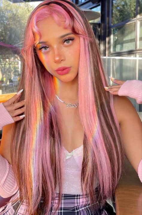 Doux Fairy Hair, Pretty Colored Hair, Long Hair Dye Ideas Brown, Fairy Hair Colors, Fairy Hair Color Ideas, Douxfairy Hair, Half Pink Half Brown Hair, Pretty Dyed Hair, Doux Fairy