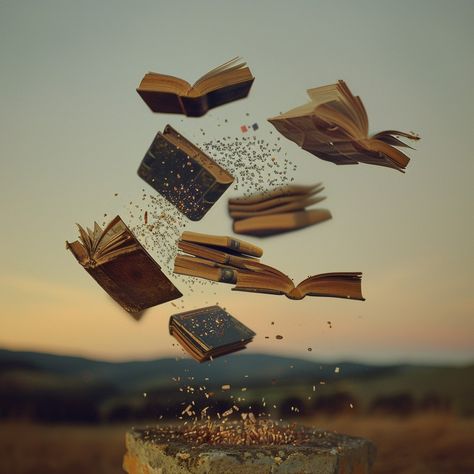 Levitating Book Magic: Enchanted books float mid-air against a dusky sky, with pages fluttering like butterfly wings. #books #magic #levitation #aerial #imagination #aiart #aiphoto #stockcake ⬇️ Download and 📝 Prompt 👉 https://stockcake.com/i/levitating-book-magic_570530_195013 Open Book Illustration Art, Levitation Aesthetic, Books Flying, Book Magic, Floating Books, Fantasy Literature, Enchanted Book, Old Library, Magical Book