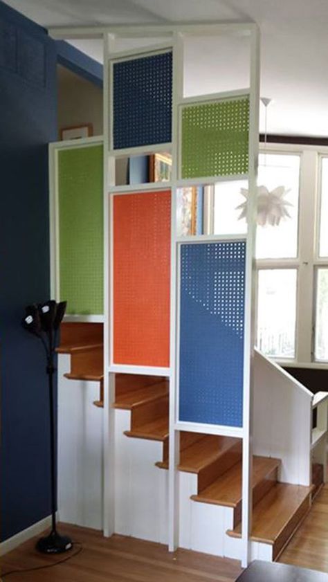 Dennis' colorful, affordable pegboard room divider - Retro Renovation Pegboard Room, Temporary Room Dividers, Room Divider Shelves, Portable Room Dividers, Glass Room Divider, Bamboo Room Divider, Sliding Room Dividers, Modern Room Divider, Living Room Divider